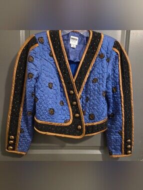 Jeanne Marc Vtg Electric Blue Swirl Quilted Jacket Gold Piping Gold Buttons 8/10